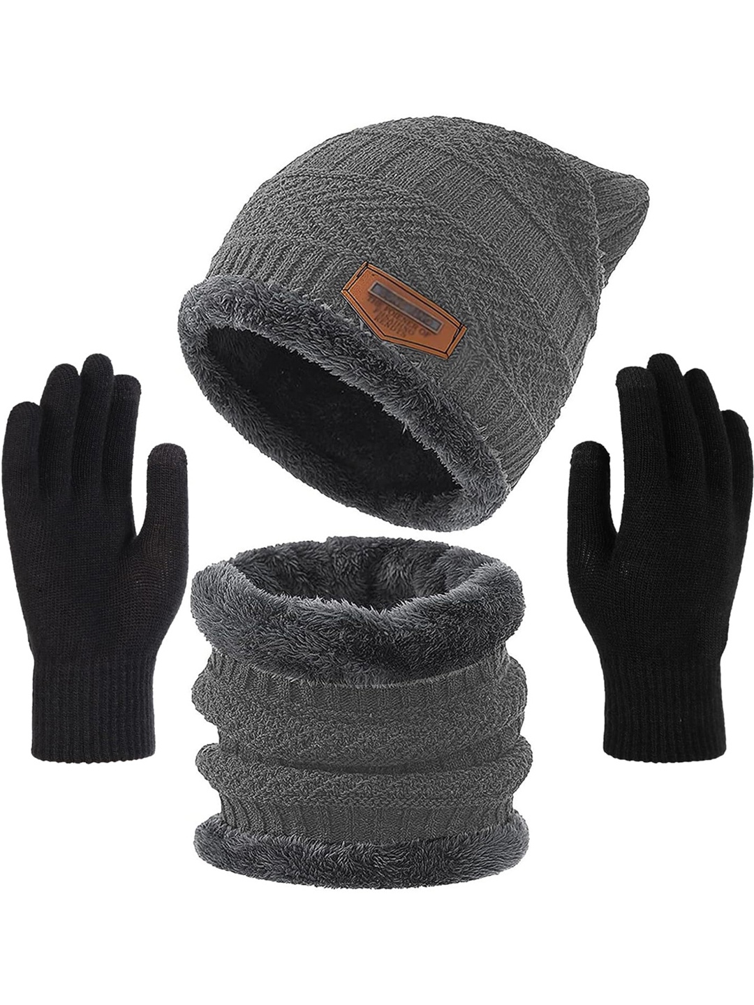 

Wearslim Unisex Woollen Self Design Beanie Neck Warmer & Gloves Set, Grey