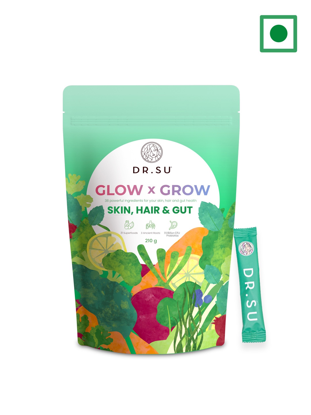 

Dr. Su Glow x Grow Supplement for Skin, Hair & Gut Health - 210 g, Green