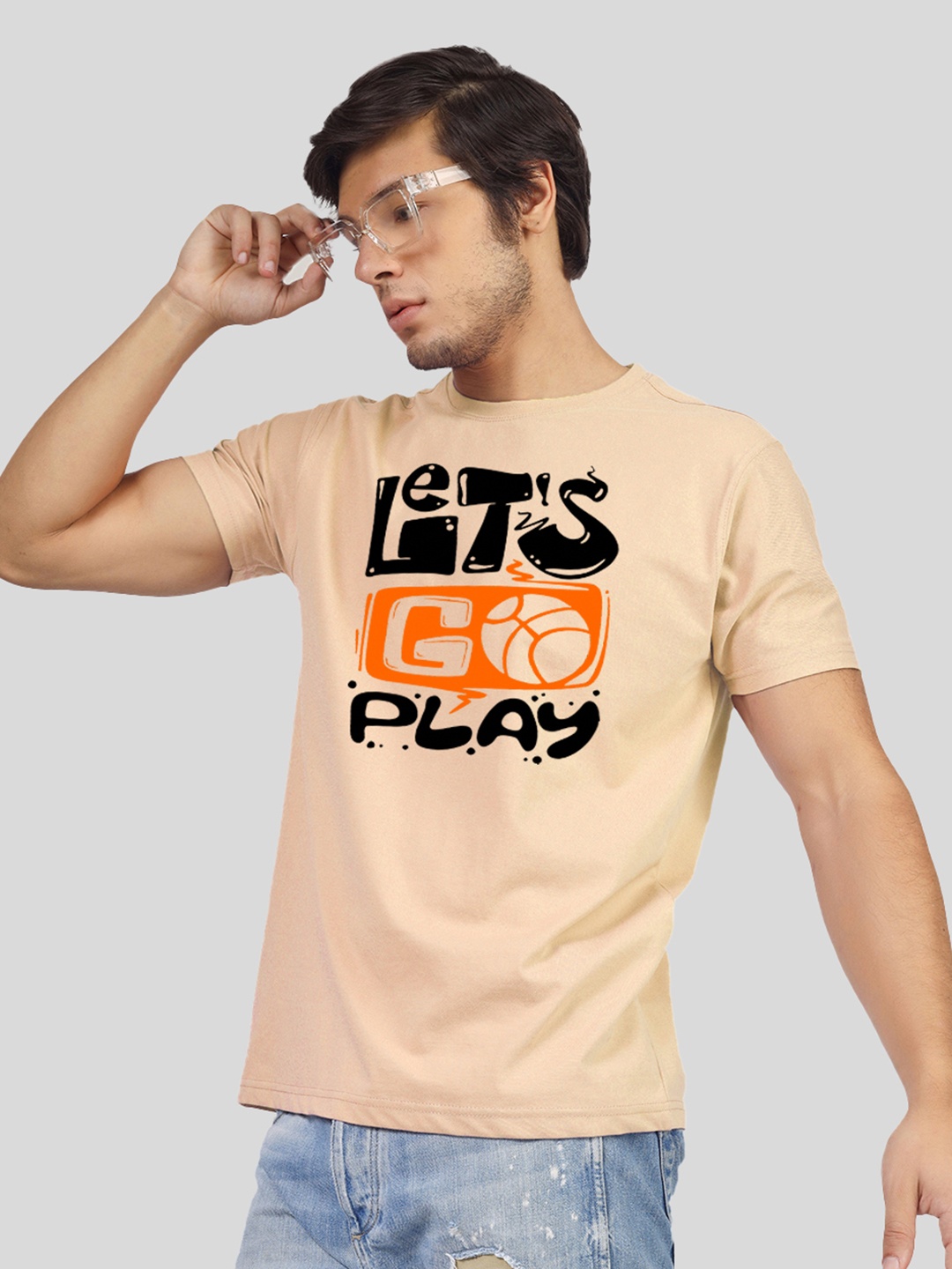 

Greylongg Men Typography Printed Round Neck Cotton T-shirt, Beige