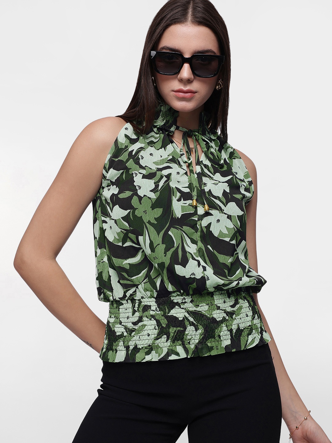 

French Connection Floral Print Tie-Up Neck Top, Green