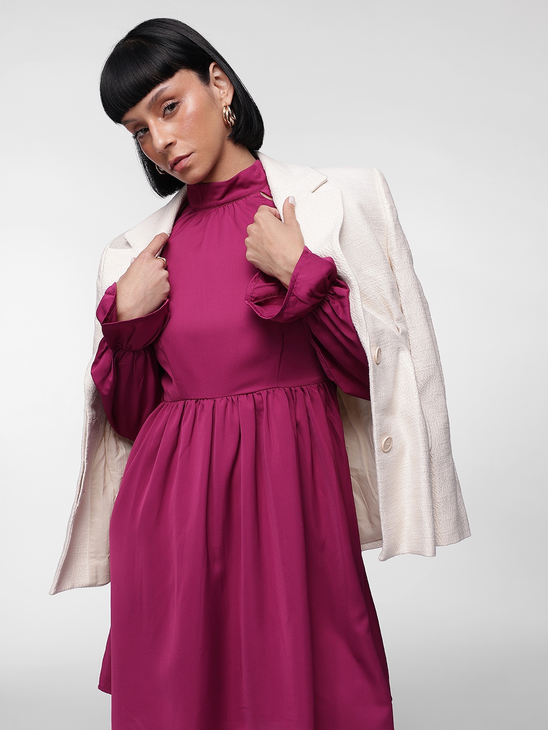 

French Connection Gathered Bell Sleeves Cut-Out A-Line Dress, Pink