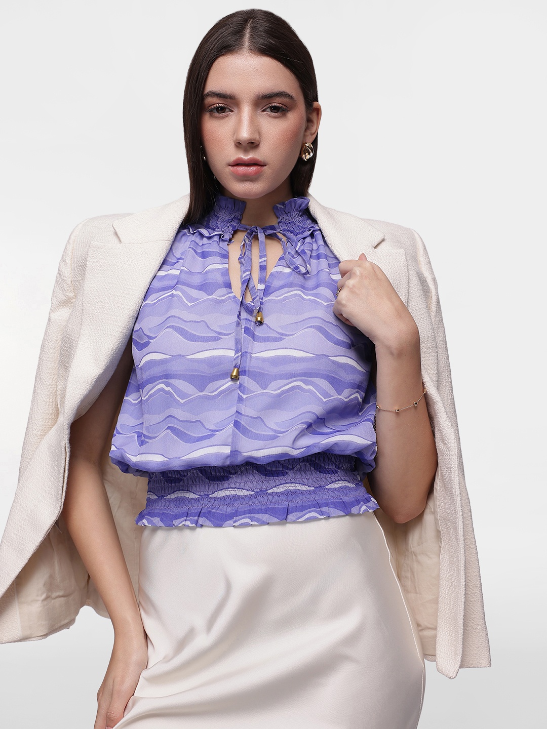 

French Connection Abstract Printed Tie-Up Neck Top, Purple