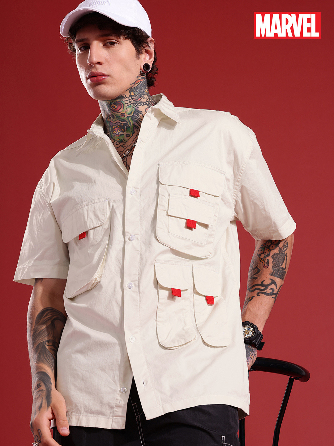 

MARVEL STREET Pure Cotton Marvel Printed Drop-Shoulder Sleeves Relaxed Fit Casual Shirt, Off white
