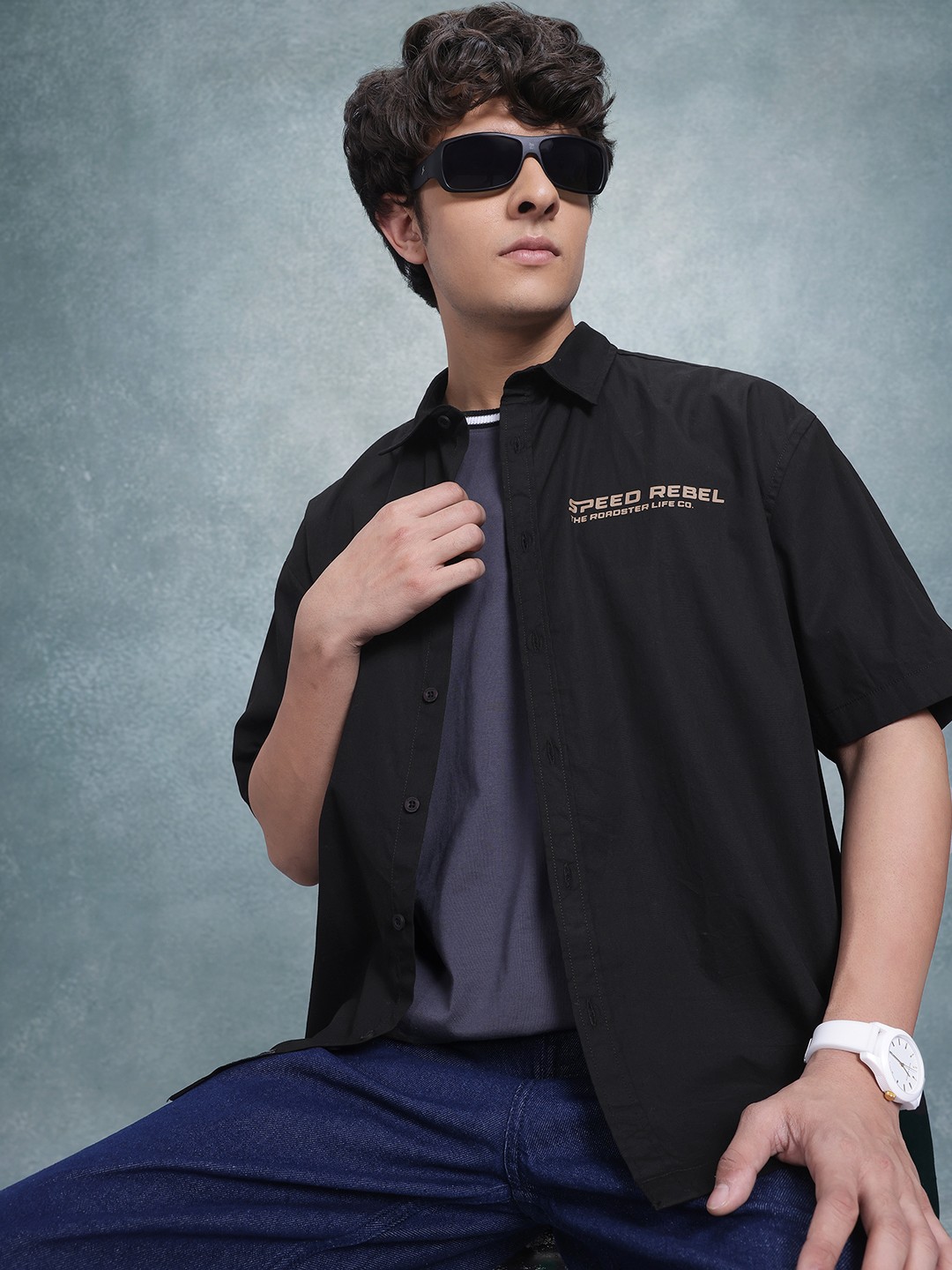 

The Roadster Life Co. Relaxed Fit Drop-Shoulder Sleeves Pure Cotton Casual Shirt, Black
