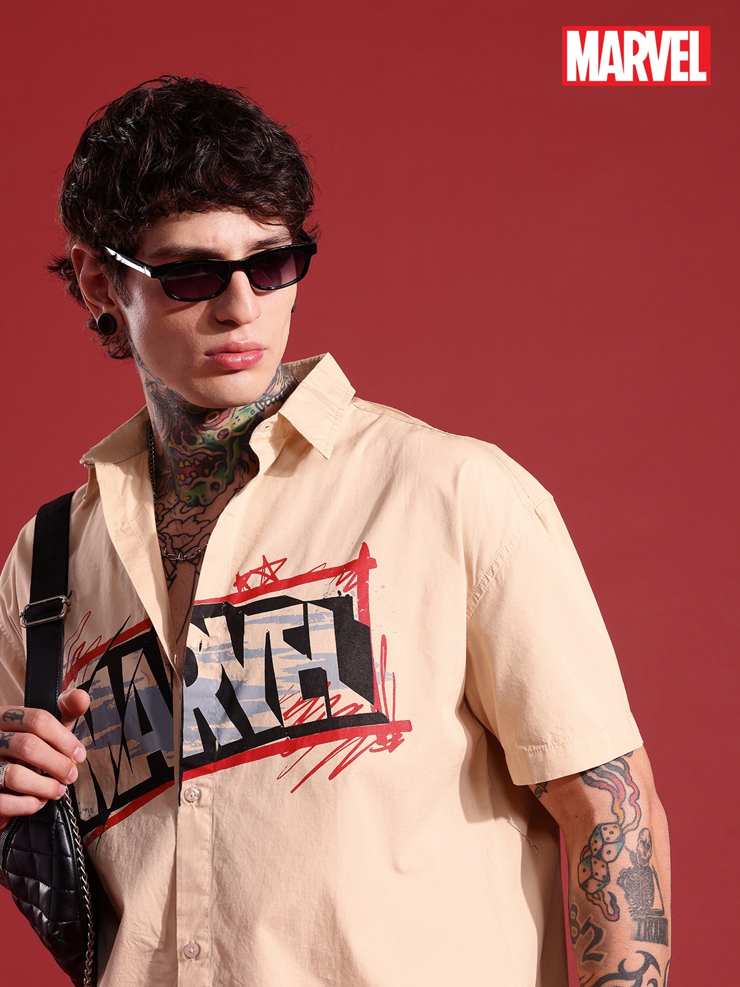 

MARVEL STREET Printed Drop-Shoulder Sleeves Oversized Pure Cotton Casual Shirt, Beige