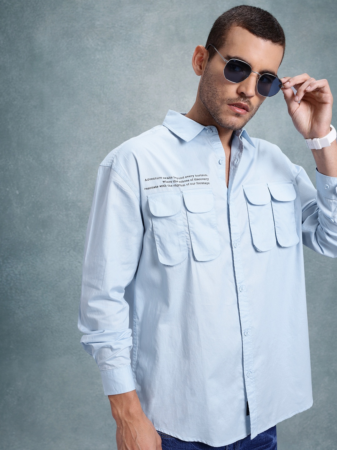 

The Roadster Life Co. Printed Drop-Shoulder Sleeves Pure Cotton Relaxed Fit Shirt, Blue