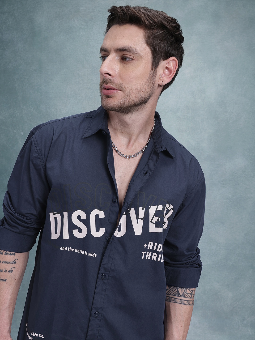 

The Roadster Life Co. Printed Pure Cotton Relaxed Shirt, Navy blue