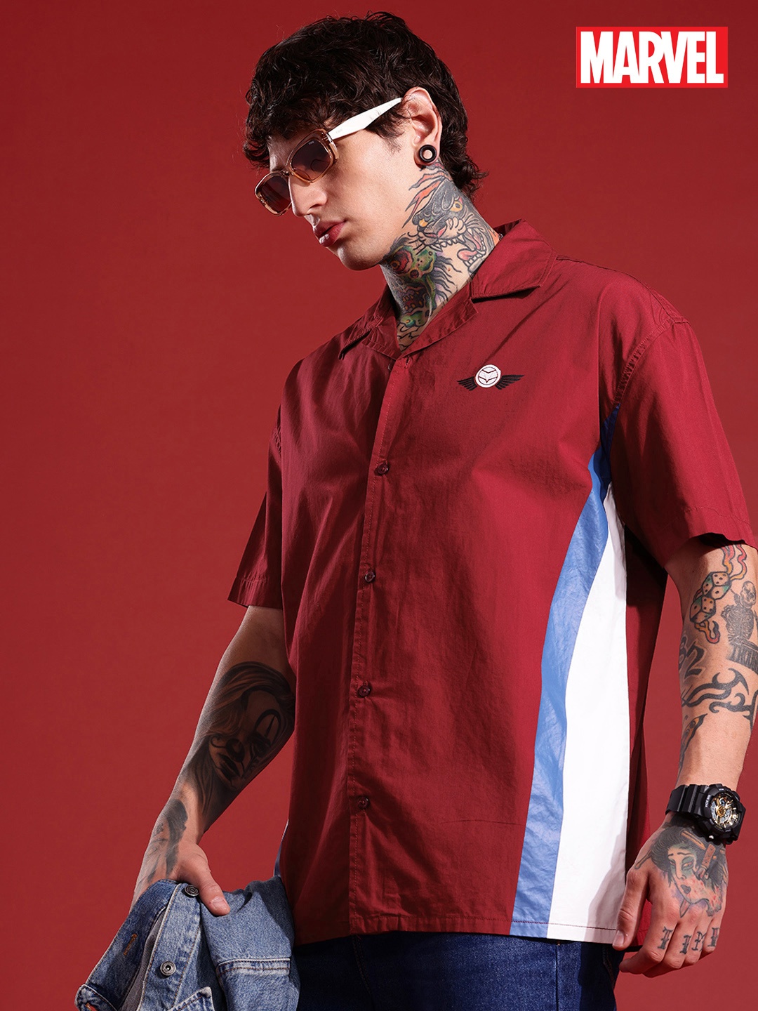 

MARVEL STREET Pure Cotton Drop-Shoulder Sleeves Relaxed Fit Casual Shirt, Maroon