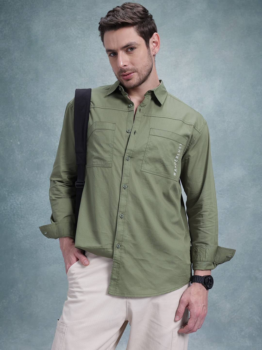 

The Roadster Life Co. Men Pure Cotton Relaxed Fit Casual Shirt, Olive