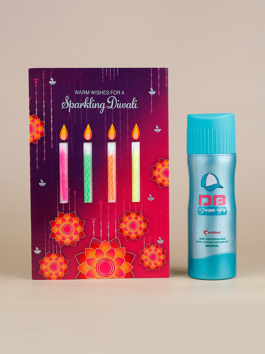 

Archiesh Blue & Pink Sparkling Diwali With Candles Card With Perfume Gift Set