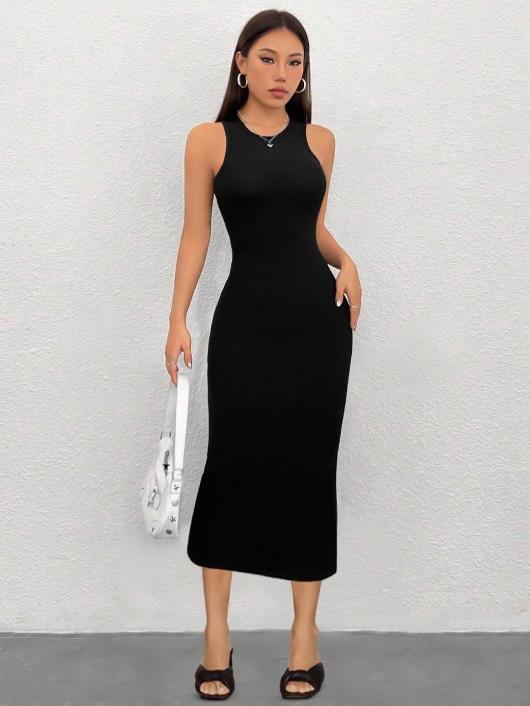 

KALINI Women Round Neck Sleeveless Bodycon Midi Dress, Black