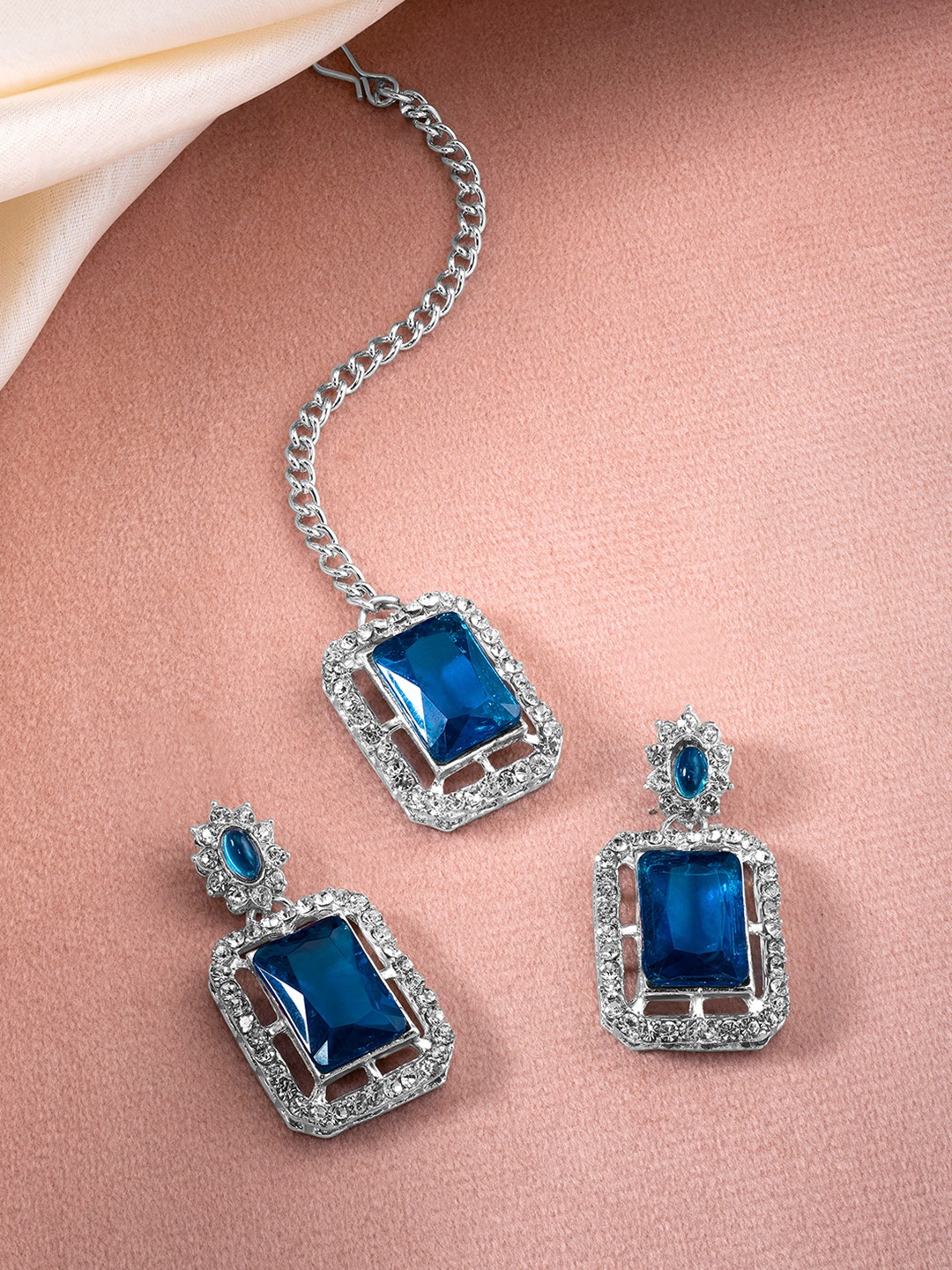 

Peora Silver-Plated Crystal & CZ-Studded Maang Tika and Earrings