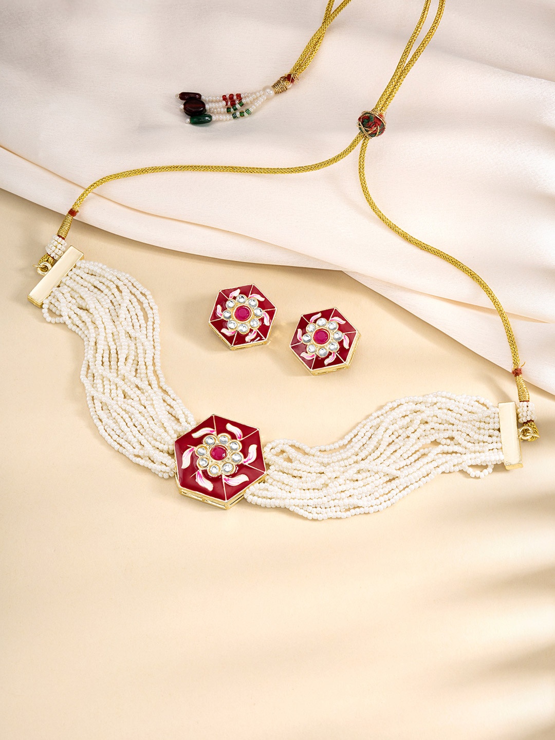 

Peora Gold-Plated Stone-Studded & Beaded Necklace and Earrings