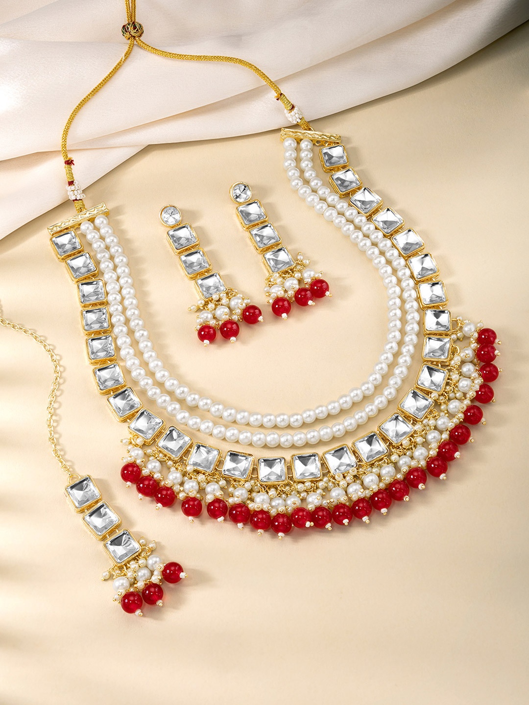 

Peora Gold-Plated Stone-Studded & Beaded Necklace and Earrings With Maang Tika