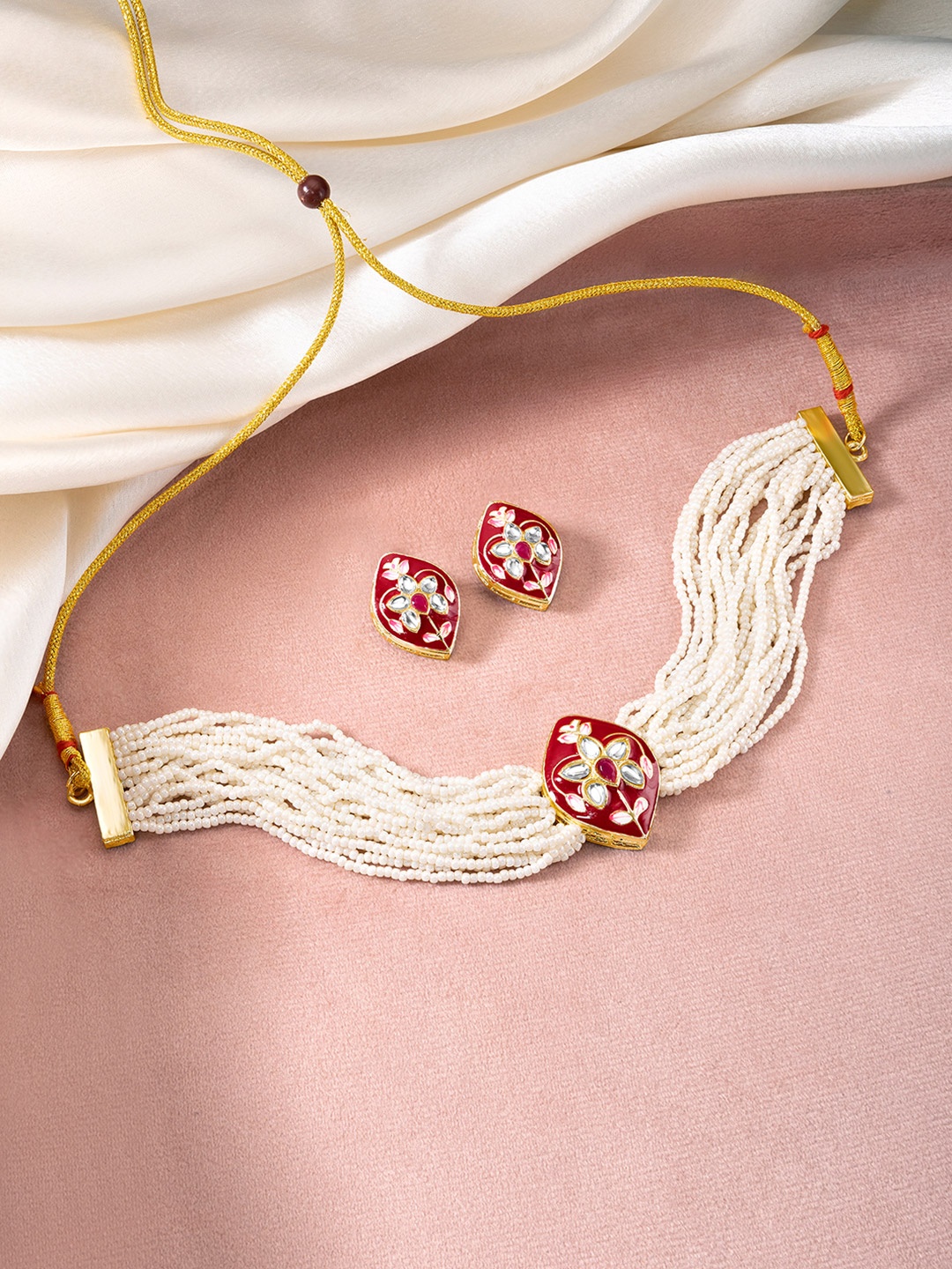 

Peora Gold-Plated Stone-Studded & Beaded Necklace and Earrings