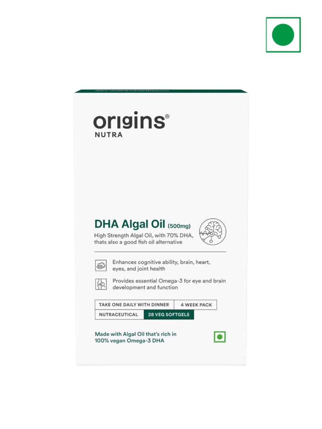 

Origins Nutra DHA Algal Oil Plant-Based High Strength 70% Omega 3 DHA - 28 Veg Softgels, White