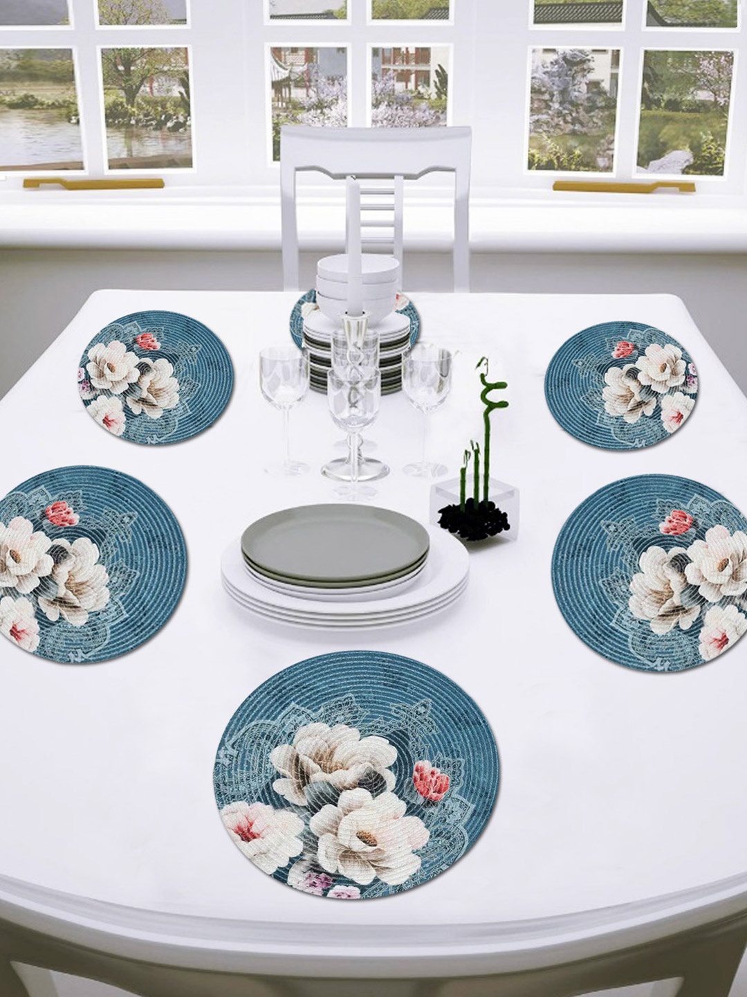 

ANA Blue & White 6 Pieces Floral Printed Woven Design Pure Cotton Table Placemats