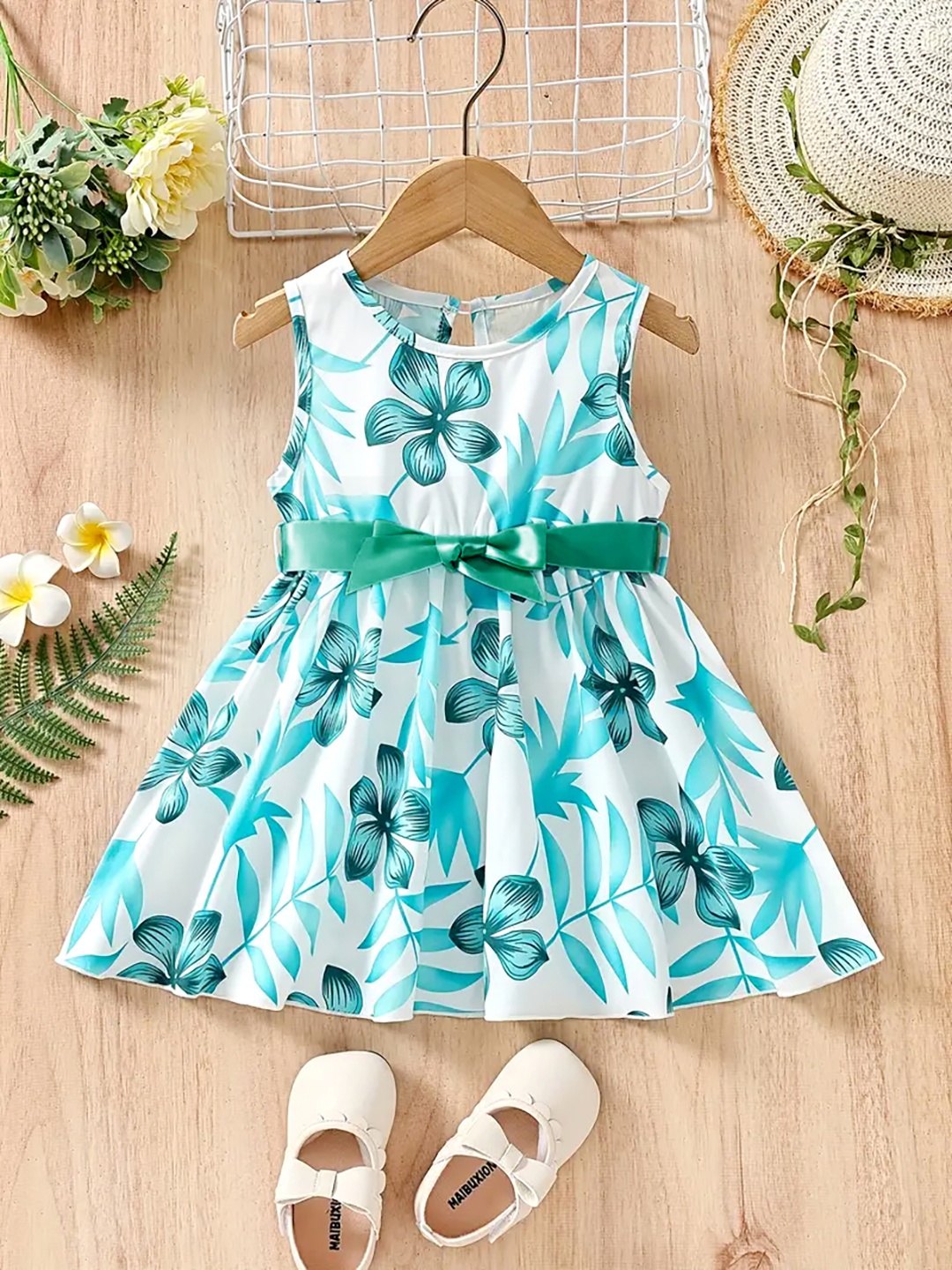 

OMPAX Girls Floral Printed Fit & Flare Dress, Green