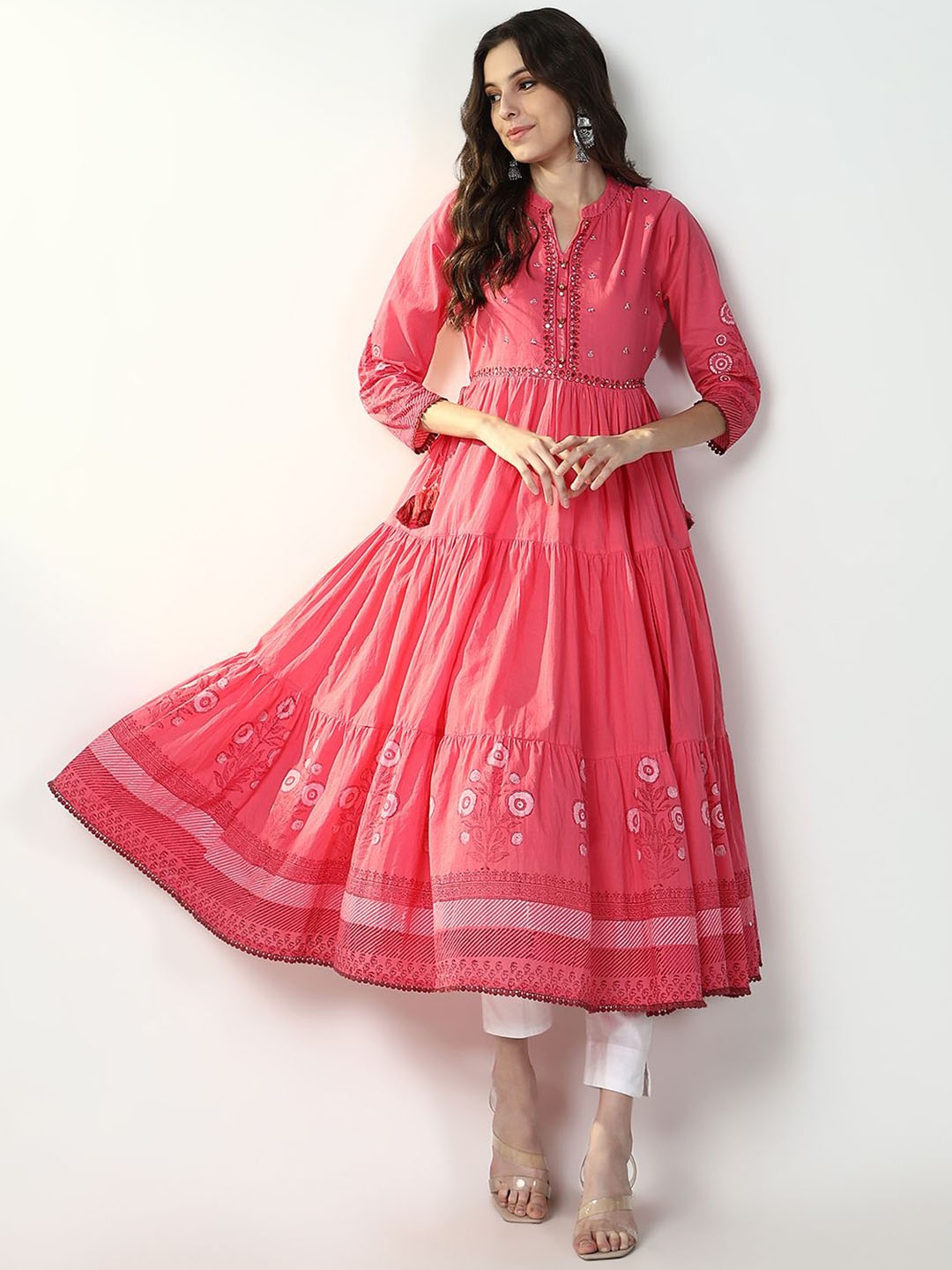 

SHOWOFF Mandarin Collar Floral Printed Tiered Cotton Anarkali Kurta, Pink