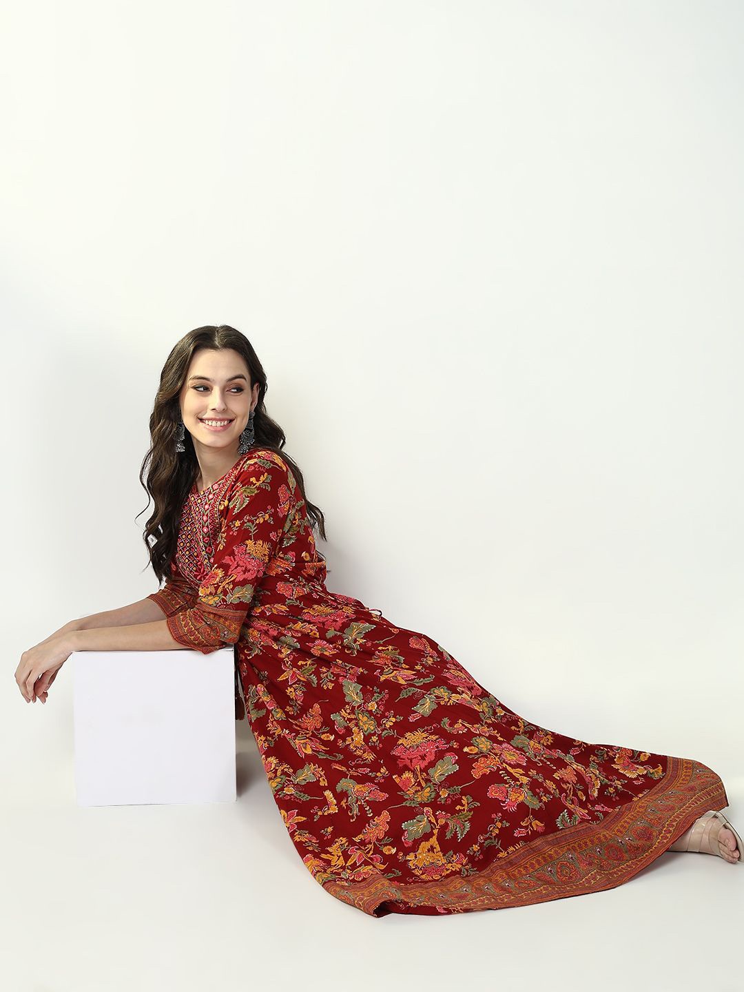 SHOWOFF Floral Printed Thread Work Cotton Anarkali Kurta, Red