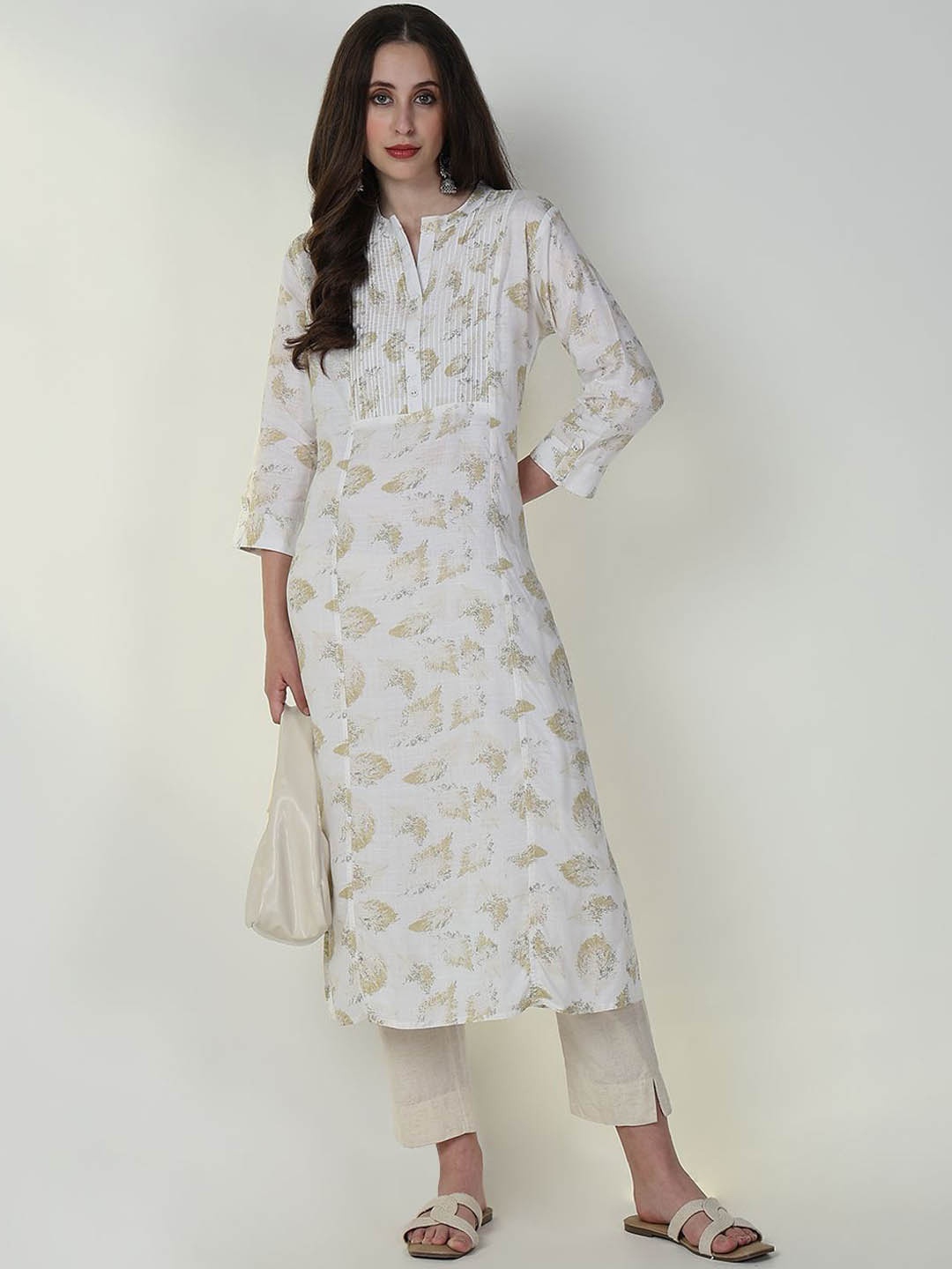 

SHOWOFF Abstract Printed Mandarin Collar Pinktuck Straight Kurta, White