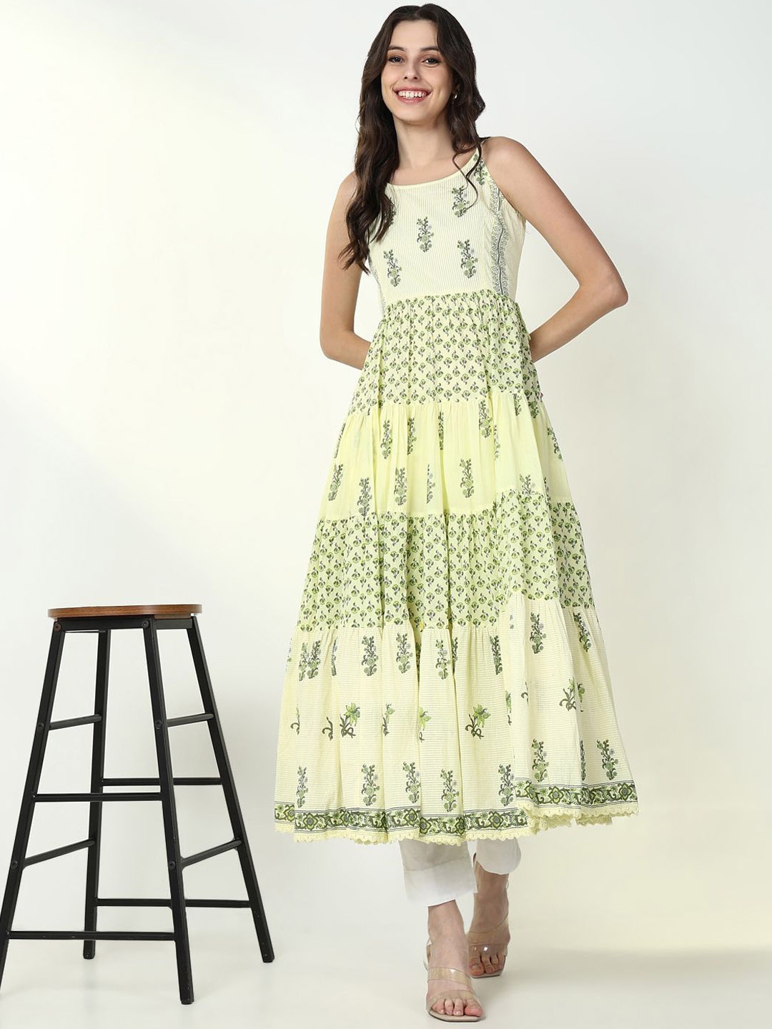 

SHOWOFF Round Neck Floral Printed Tiered Cotton Anarkali Kurta, Yellow