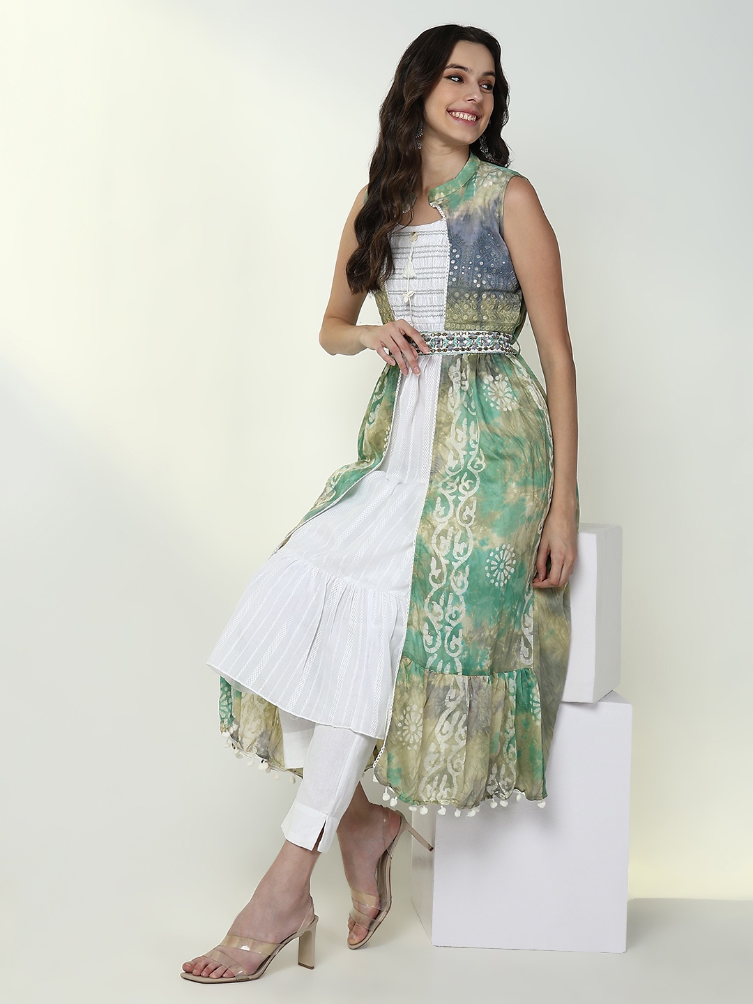 

SHOWOFF Round neck Mirror Work Cotton A-Line Kurta with Shrug and belt, White