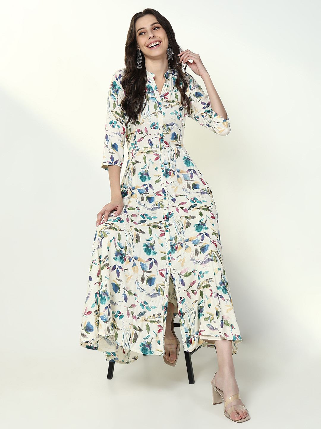 

SHOWOFF Floral Printed Mandarin Collar Mirror Work Shirt Style A-Line Kurta, Off white