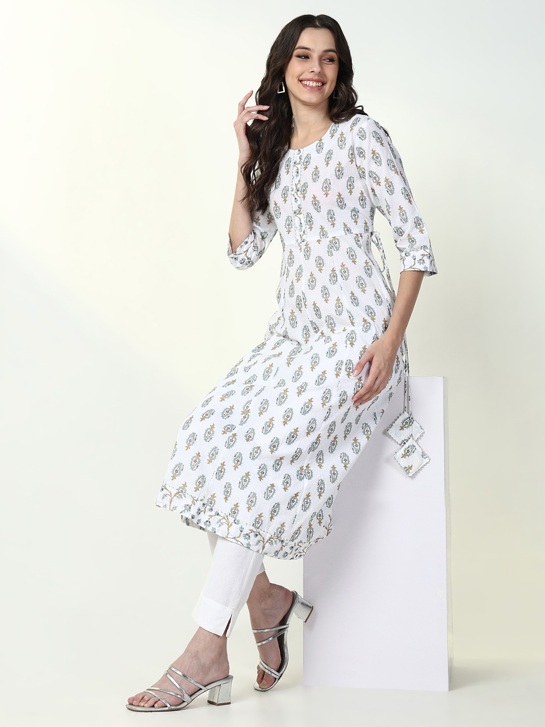 

SHOWOFF Paisley Printed Cotton Anarkali Kurta, White