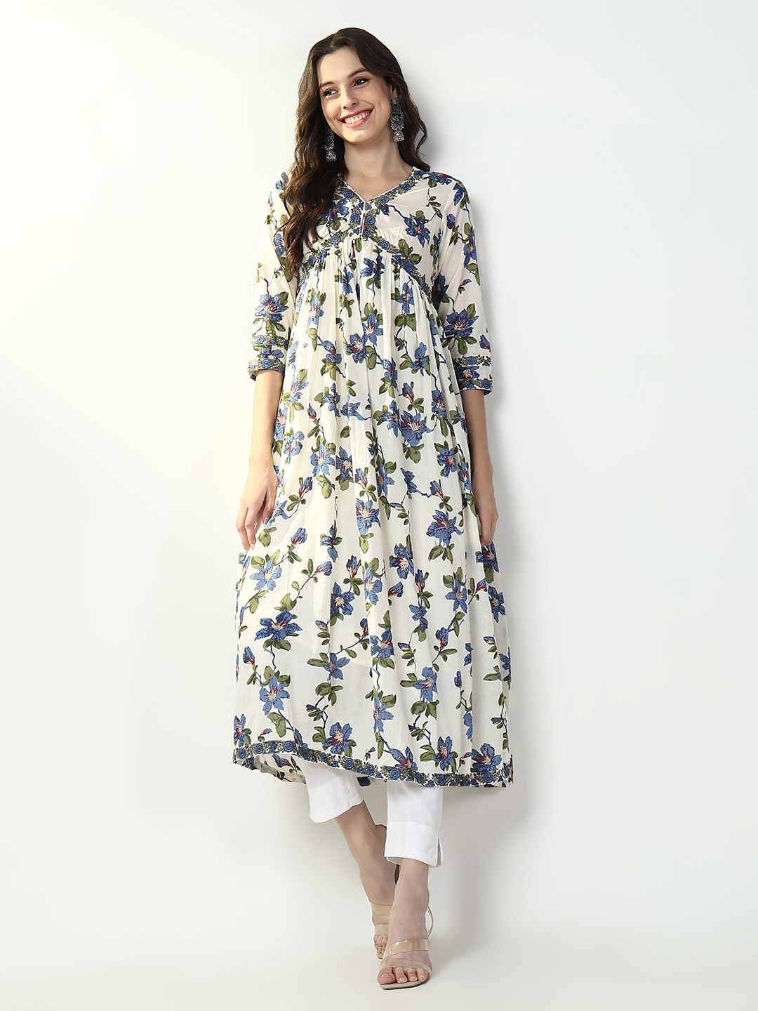 

SHOWOFF Floral Printed Thread Work Empire Cotton Anarkali Kurta, White