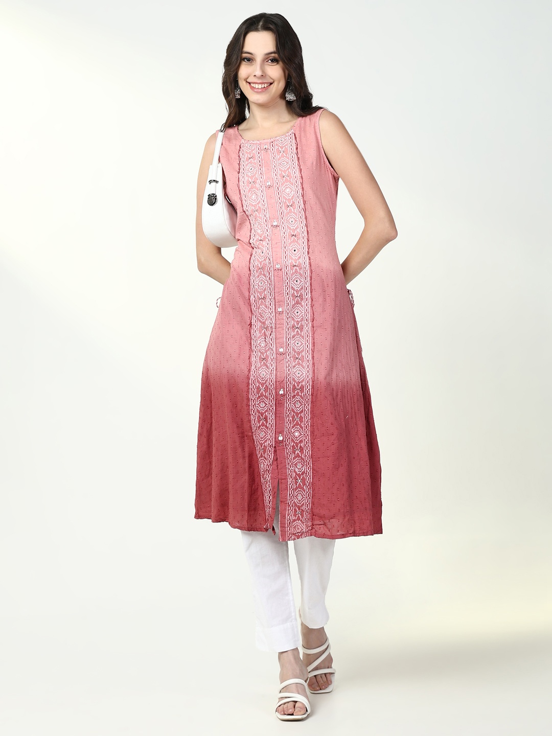 

SHOWOFF Ethnic Motifs Embroidered Thread Work Cotton A-Line Kurta, Pink