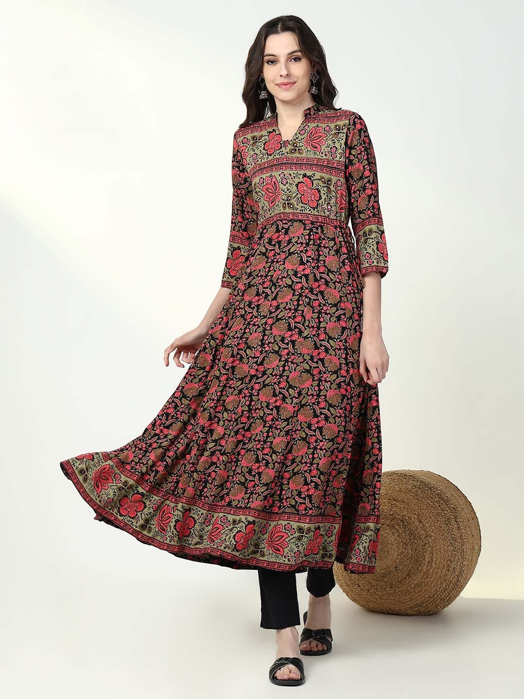 

SHOWOFF Mandarin Collar Floral Printed Cotton Anarkali Kurta, Black