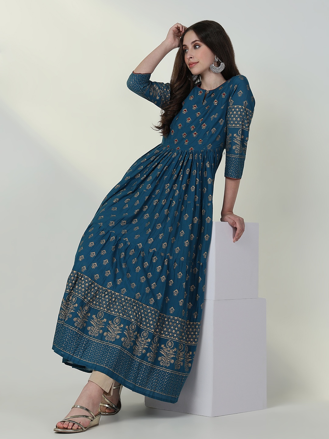 

SHOWOFF Ethnic Motifs Printed Sequinned Cotton Anarkali Kurta, Blue