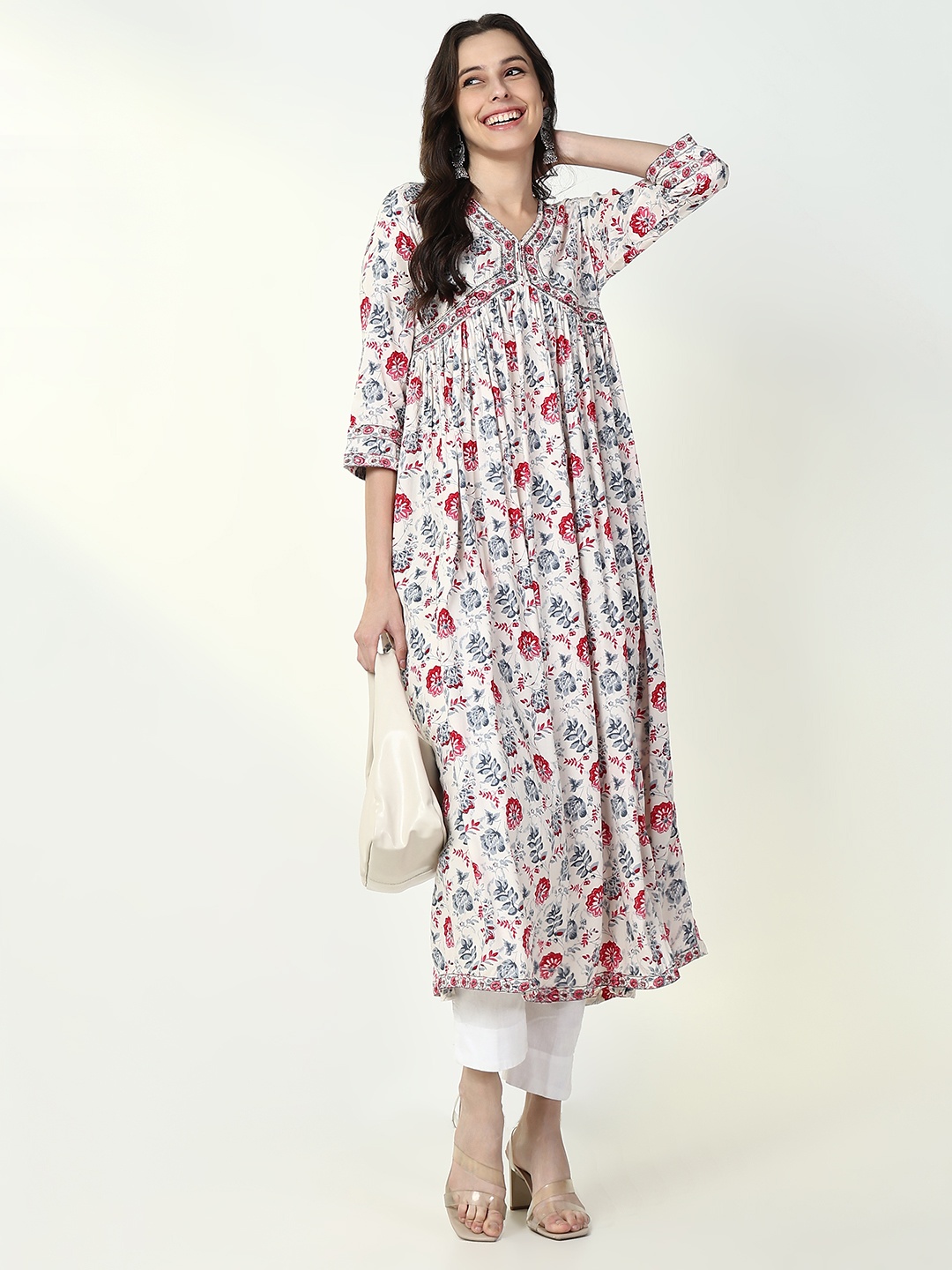 

SHOWOFF Floral Printed V-Neck Empire Thread Work Anarkali Kurta, White