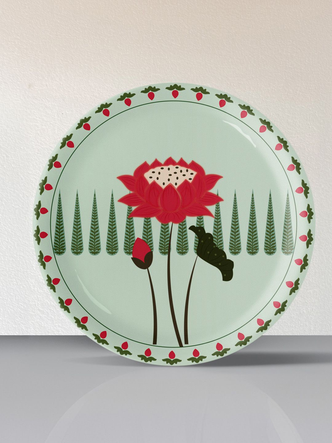 

nestroots Green & Red Lotus Symbol of Beauty and Purity floral Printed Ceramic Wall Plate