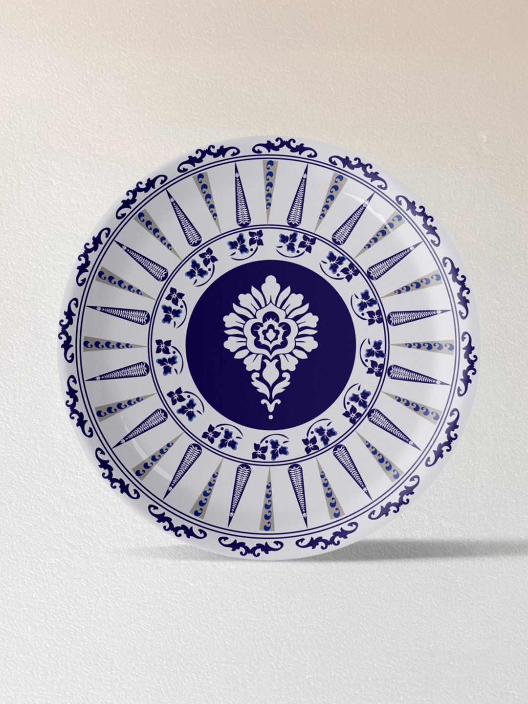 nestroots Elegant Navy Blue & White Metal Floral Printed Wall Plate Decor