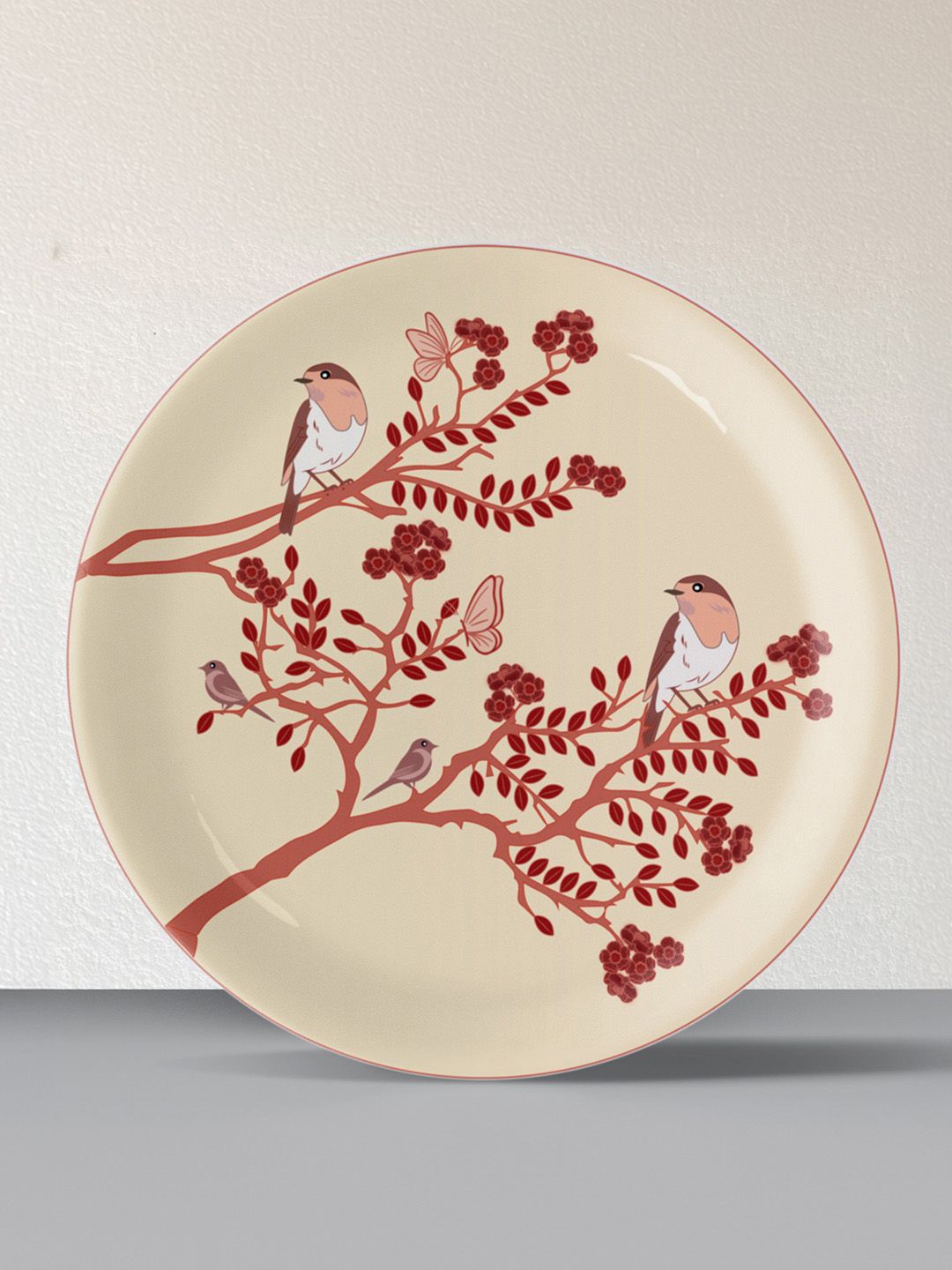 

nestroots Beige & Maroon bird chirping tree Printed Metal Wall Plate