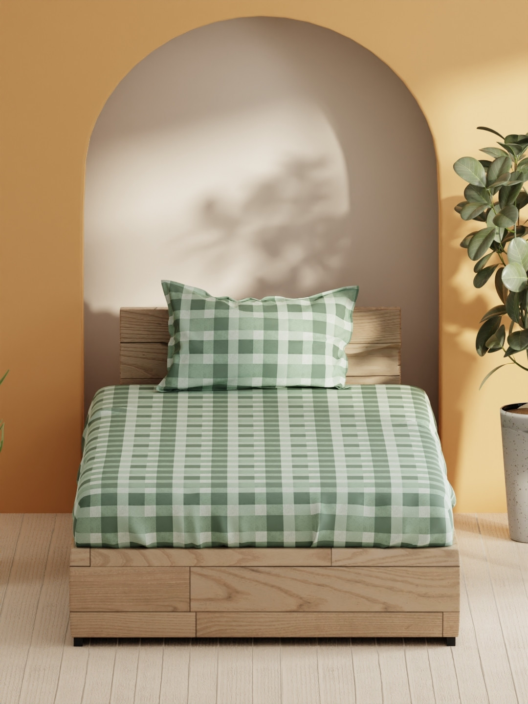 

BIANCA Sienna Green & White Striped Pure Cotton 144 TC Single Bedsheet Set 2.29 x 1.52 m