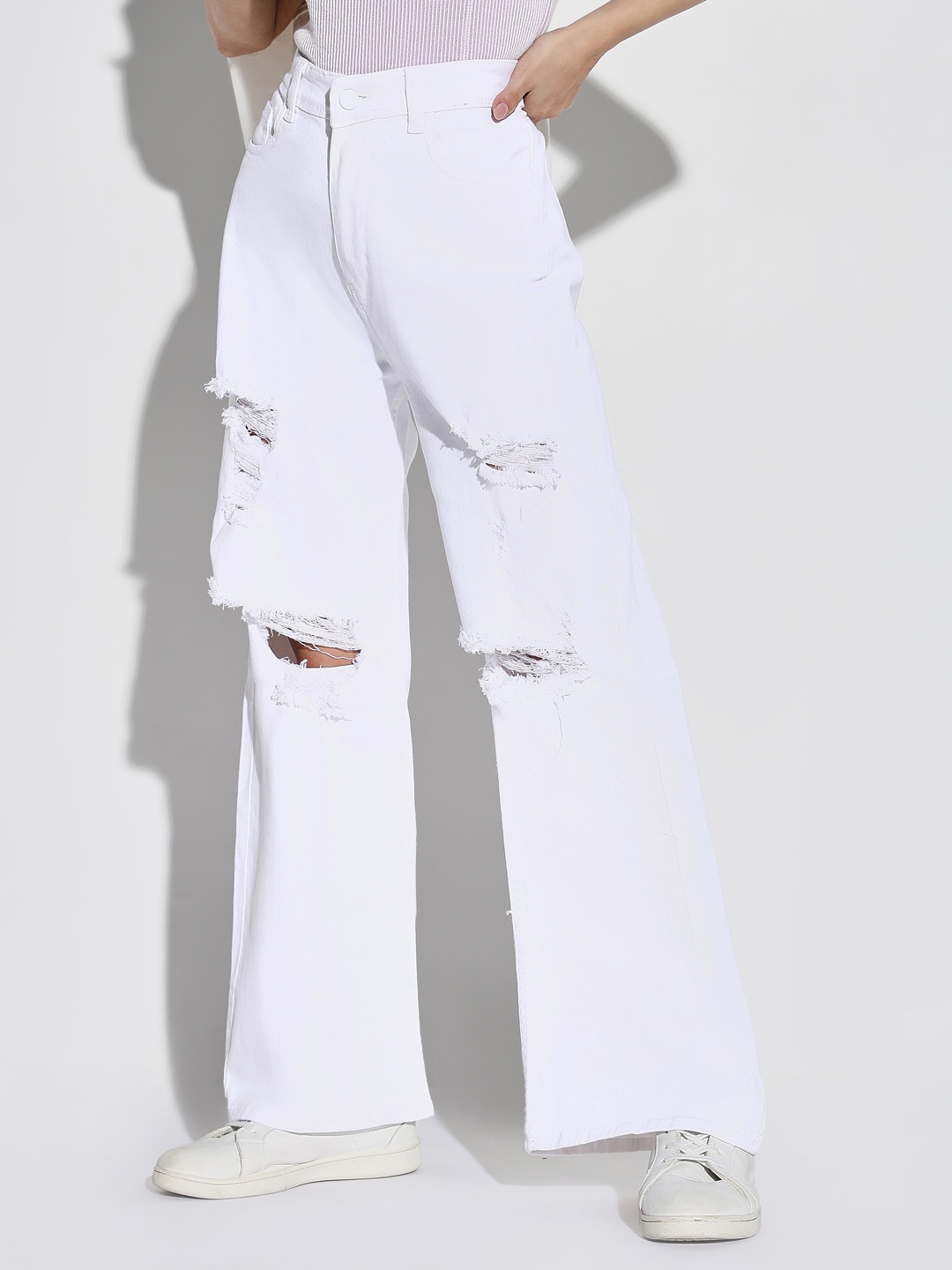 

SHOWOFF Women Mid-Rise Comfort Wide Leg Slash Knee Acid Wash Stretchable Jeans, White