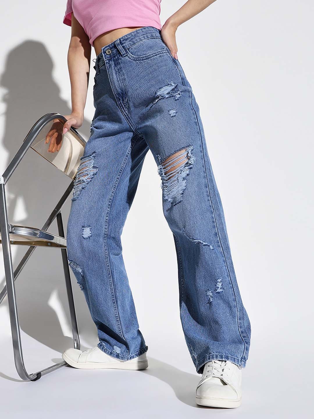 

SHOWOFF Women Comfort Wide Leg Highly Distressed Light Fade Jeans, Blue