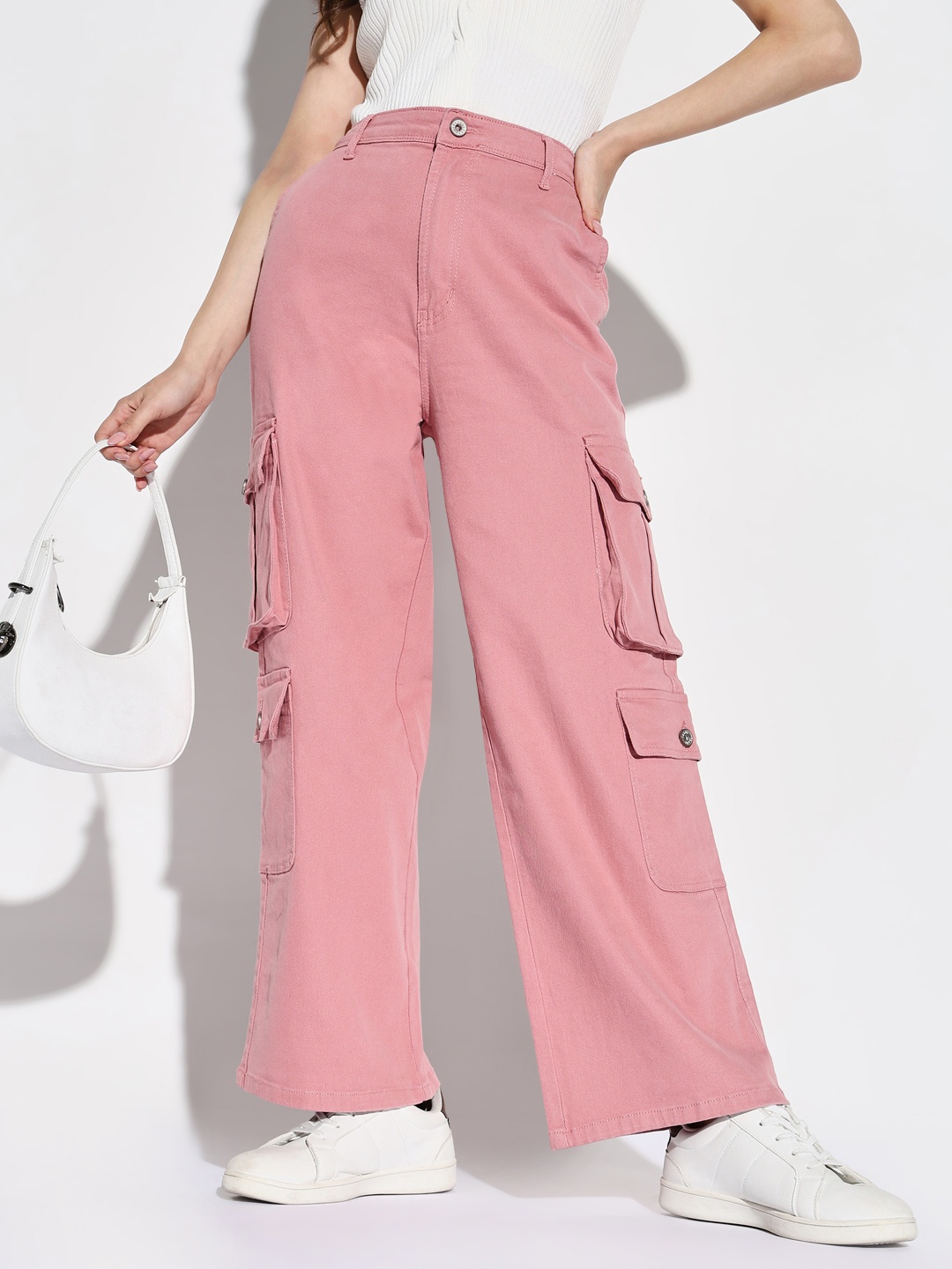 

SHOWOFF Women Comfort Mid-Rise Cotton Wide Leg Jeans, Pink