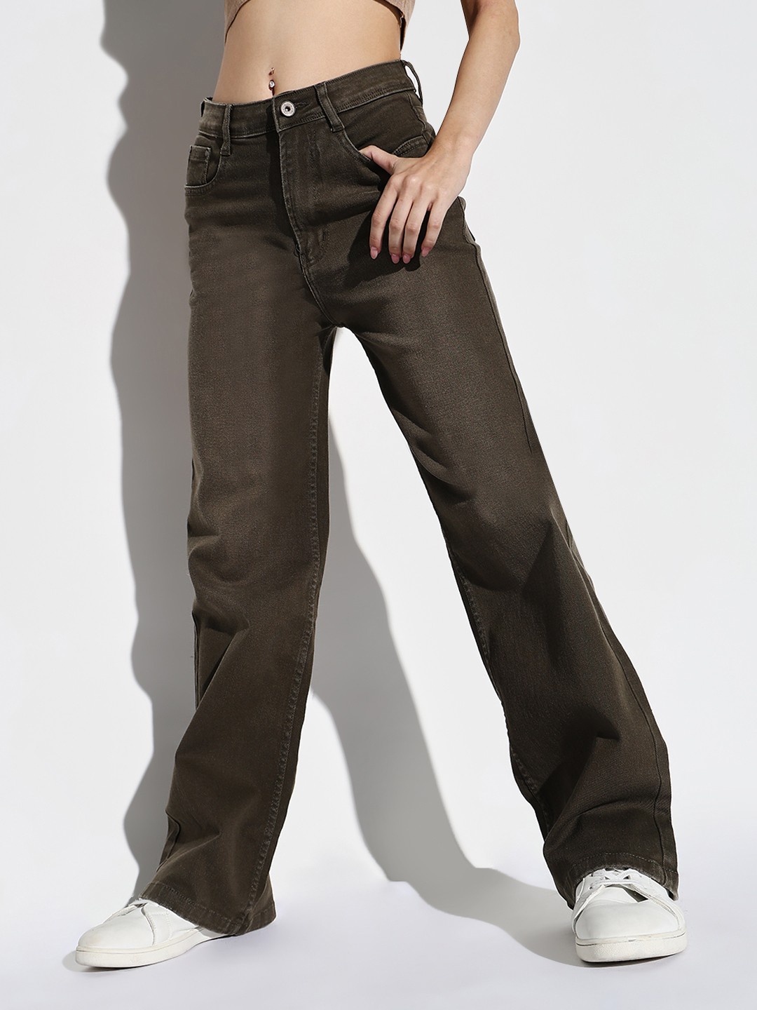 

SHOWOFF Women Mid-Rise Comfort Wide Leg Light Fade Acid Wash Stretchable Jeans, Olive