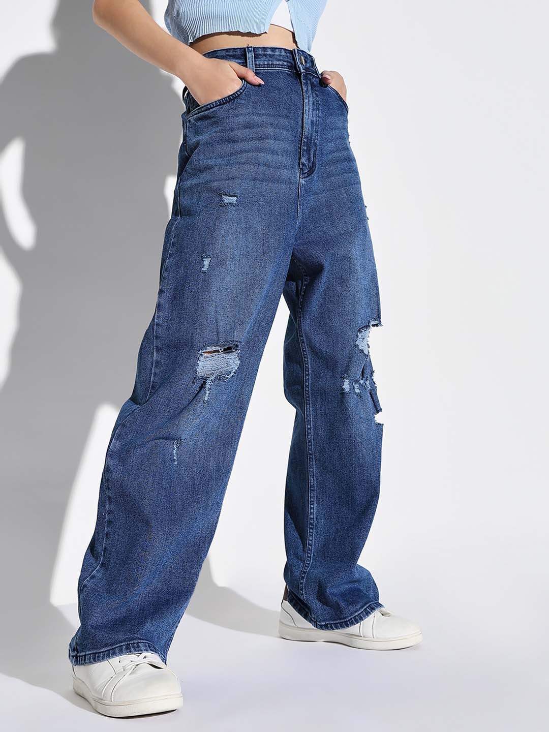 

SHOWOFF Women Comfort Wide Leg Low Distress Light Fade Acid Wash Stretchable Jeans, Blue