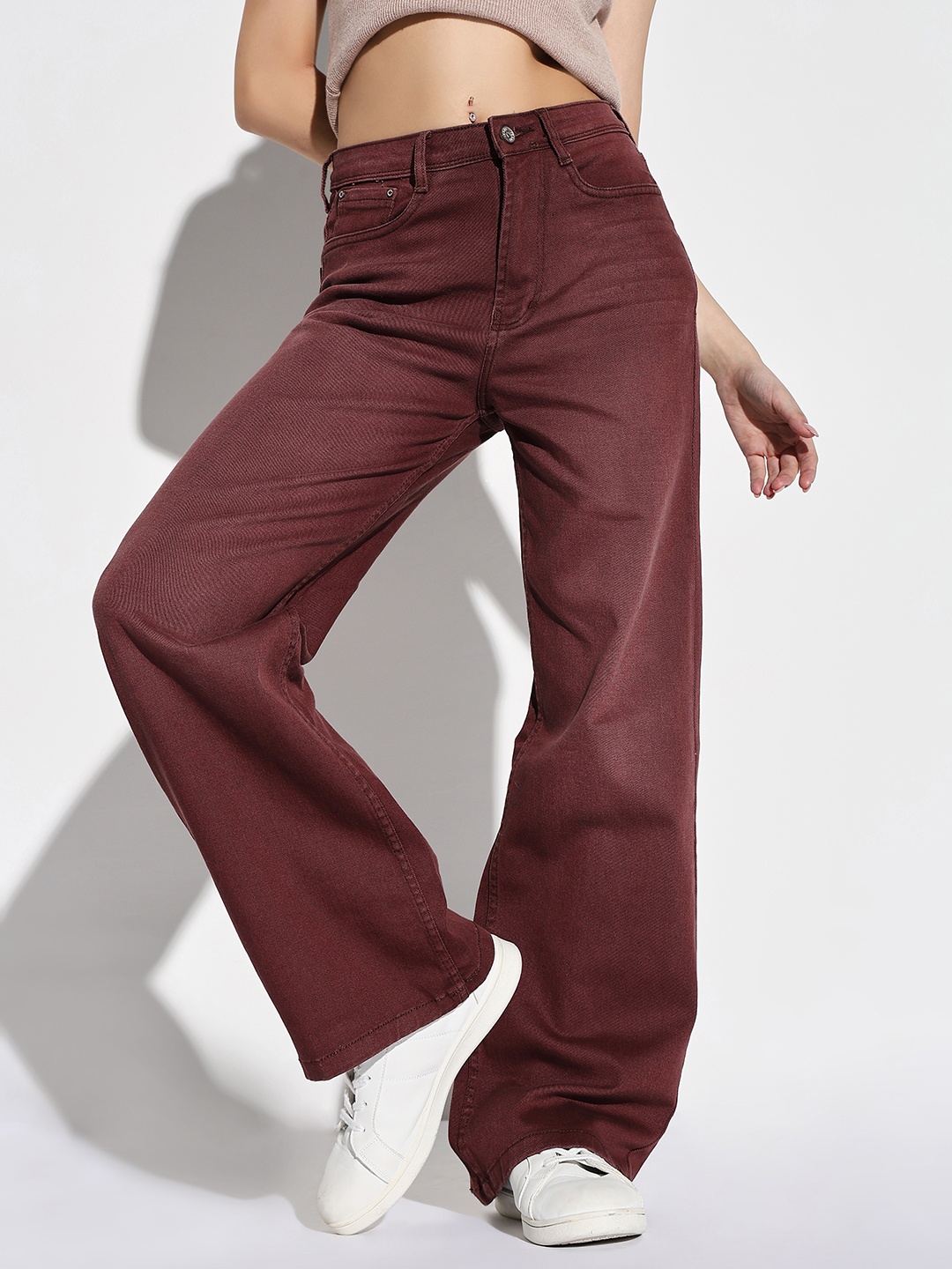 

SHOWOFF Women Comfort High-Rise Wide Leg Light Fade Stretchable Jeans, Maroon