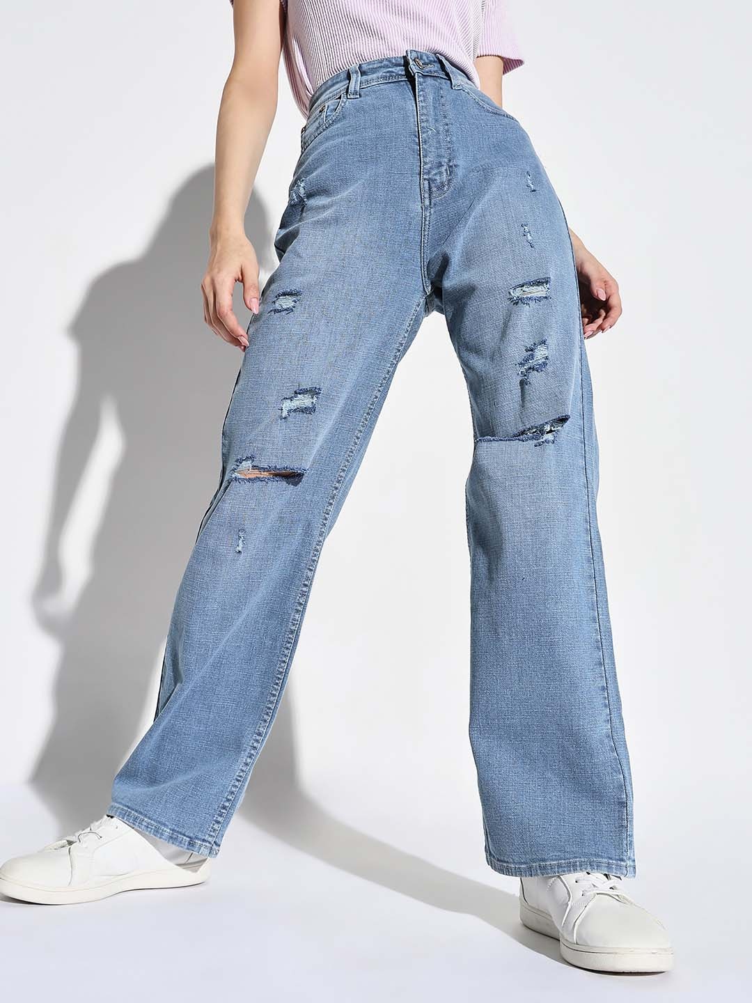 

SHOWOFF Women Comfort Wide Leg Slash Knee Heavy Fade Acid Wash Jeans, Blue