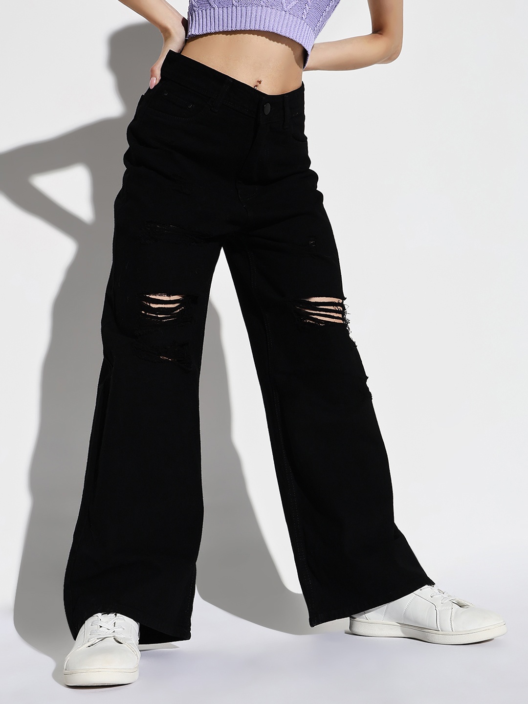 

SHOWOFF Women Mid-Rise Comfort Wide Leg Highly Distressed Acid Wash Stretchable Jeans, Black
