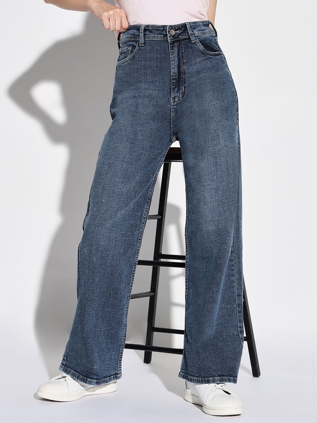 

SHOWOFF Women Comfort Wide Leg Acid Wash Denim Jeans, Navy blue