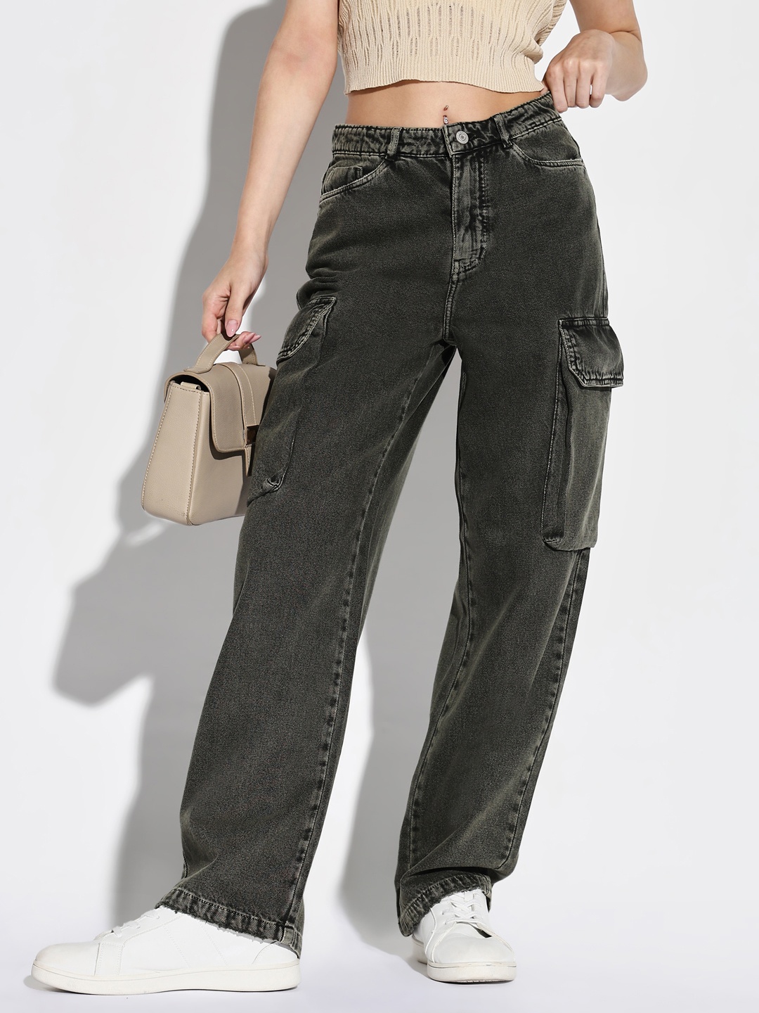 

SHOWOFF Women Denim Comfort Wide Leg Light Fade Acid Wash Jeans, Olive