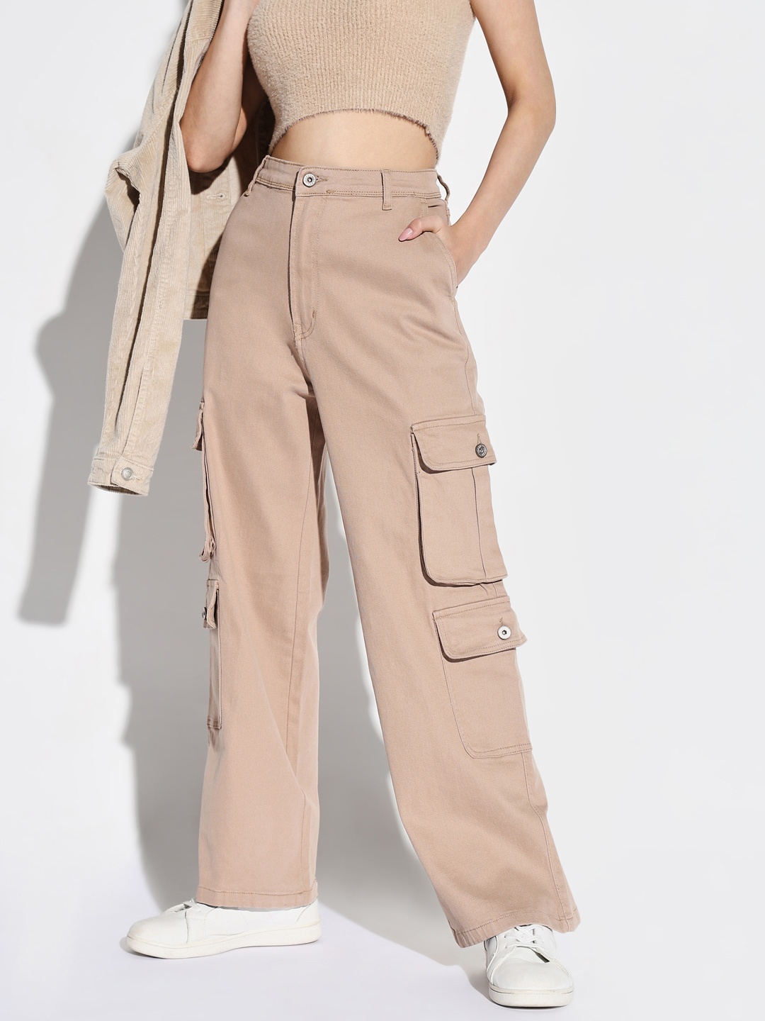 

SHOWOFF Women Comfort Wide Leg Acid Wash Cargo Styles Jeans, Beige
