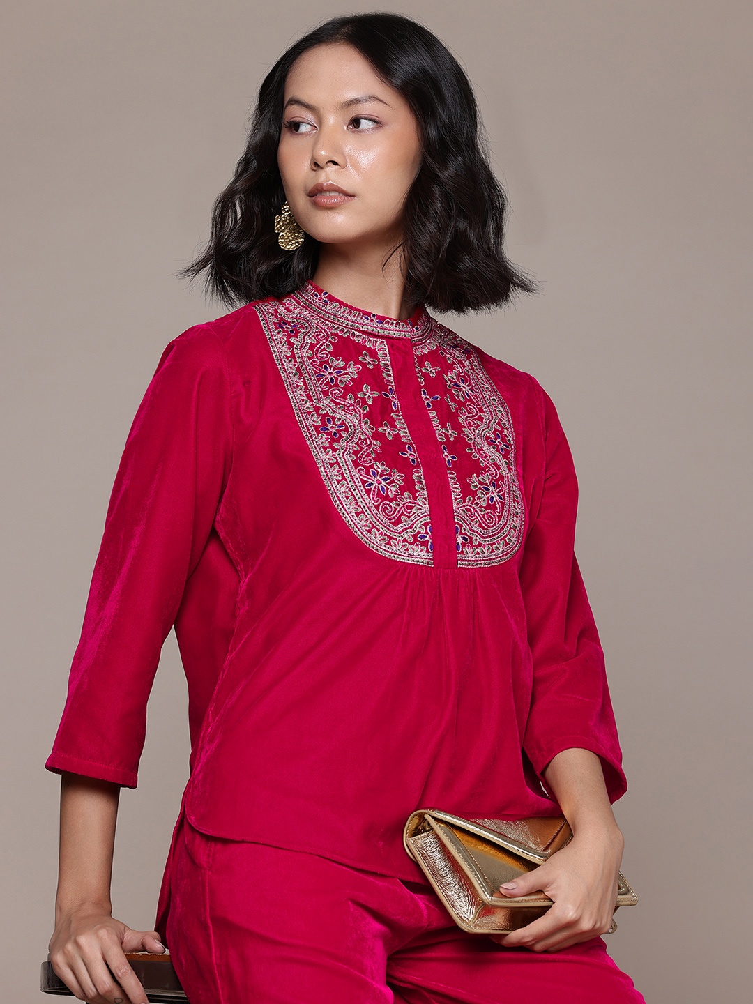 

aarke Ritu Kumar Embroidered Velvet Top With Palazzos Co-Ords, Fuchsia